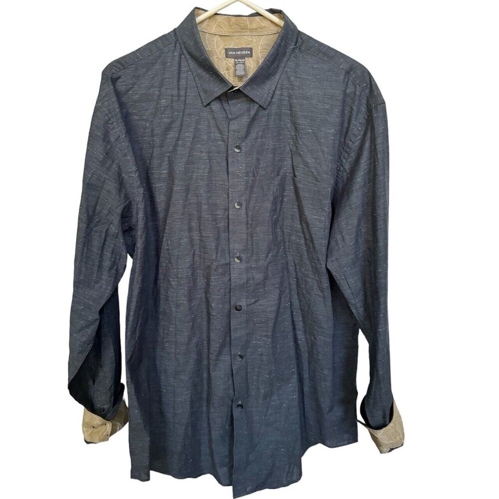 Van Heusen XL 17 - 17.5 Long Sleeve Button Up Dress Shirt Speckled Blue Gray